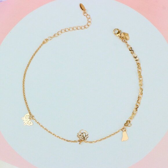 "Rose Gold Butterfly and Floral Charm Anklet, XPAL1053 - Picture 2 of 11